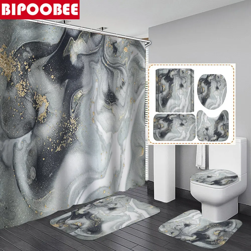 Мрамор душ завеса набор от сив нередовни камък зърно баня завеси за баня, постелки и килими капак на тоалетната нескользящий килим начало декор Изображение 0 
