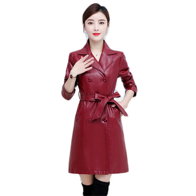 Кожено Яке Дамски Вино-червено S-7XL 2021 Зима Нова Мода Тънка Дълга Изкуствена Кожа, Плюс Памучно Корейското Палто Feminina С Колан