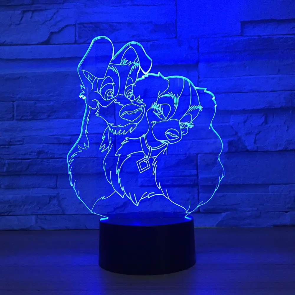 Две Кучета Форма на 3D Лампа Визуална илюзия USB Карикатура лека нощ LED 7 Цвята Детски Сън Настолна Лампа Детски Коледни Подаръци