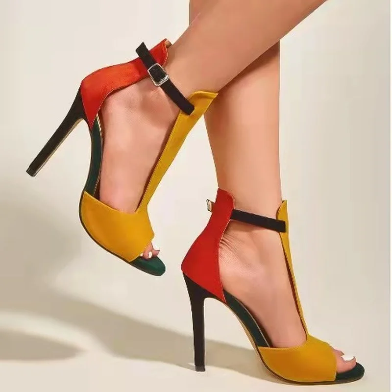 2022 Нови Летни Жълти Дамски Сандали-гладиатори на висок ток 2022 г., модни дамски Обувки За стриптийз с Каишка и катарама На щиколотке, Zapatos Para Mujer