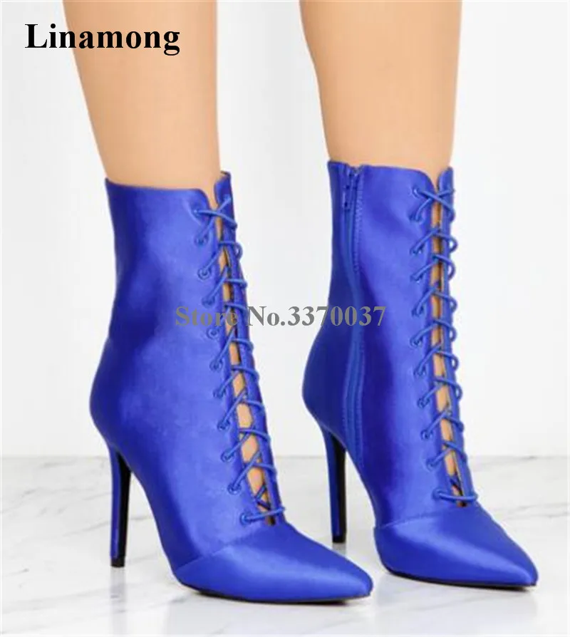 2018 Пролетта на Нови модни дамски ботильоны с остри пръсти син цвят от коприна, дантела, къси ботуши на висок ток с изрезки, вечерни модела обувки