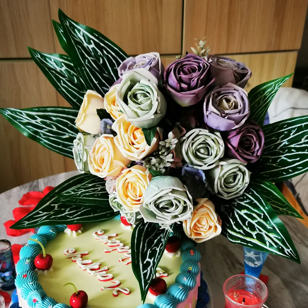 Булчински Букет От Рози от Изкуствени Цветя, Голям Букет Цветя За Украса на Парти за Рожден Ден