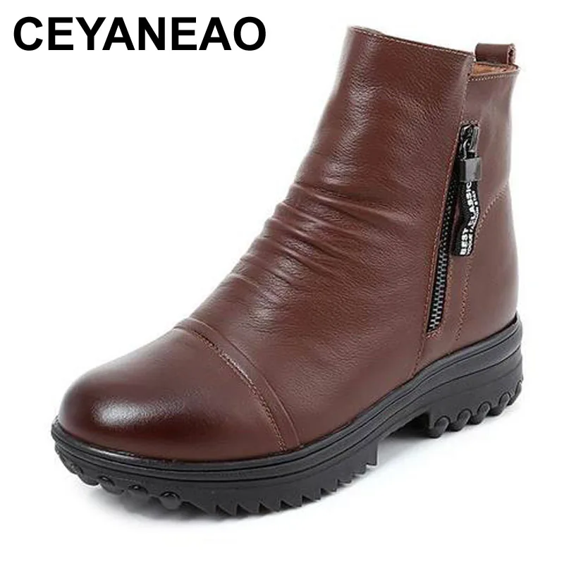 Дамски зимни обувки Ceyaneaow, естествена кожа, през пръсти, кожа на платформа, зима, дамски обувки, ръчно изработени ботильоны