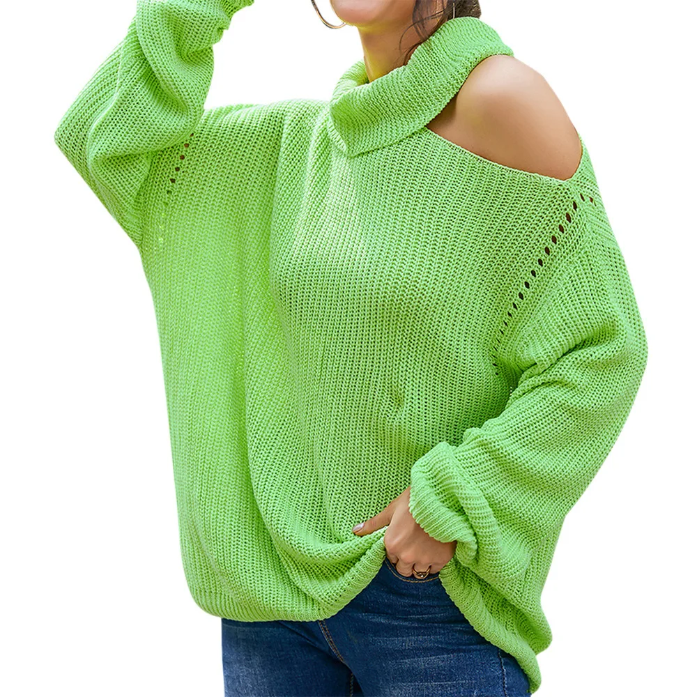 Жена Новият Есенен Големи Зелени Вязаный Поло С Открити Рамене, Монофонични Свободен Пуловер, Пуловер, Дамски Модни Възли Върховете 2020 Изображение 0 