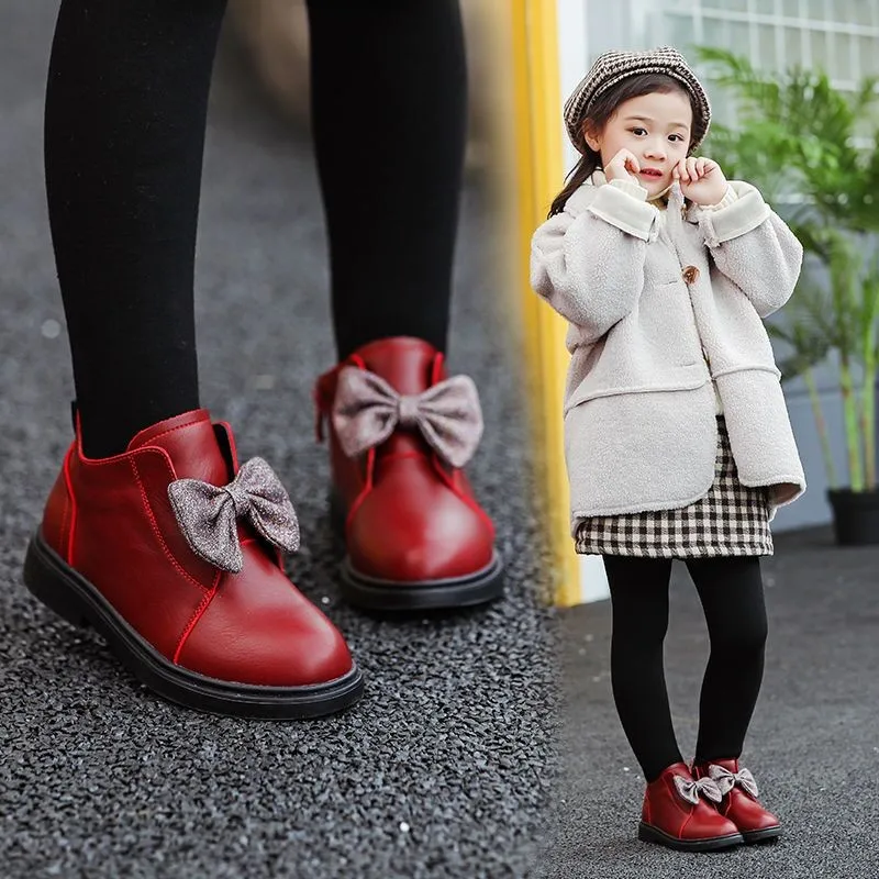 Обувки за момичета; сезон есен-зима; детски ботильоны от естествена кожа; модни обувки Martin Принцеса в британското стил с лък; топли Размери 25-37 Изображение 3 