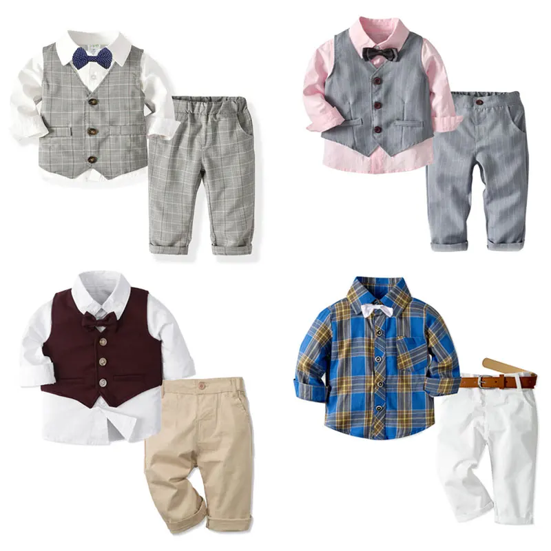 Официалното облекло на Джентълмен За малки момчета, Костюм, Бебешки Комплекти от 4 теми, Риза райе + Панталони + Жилетка + Лък, Празнична Дрехи за деца, Детски Костюм Изображение 0 