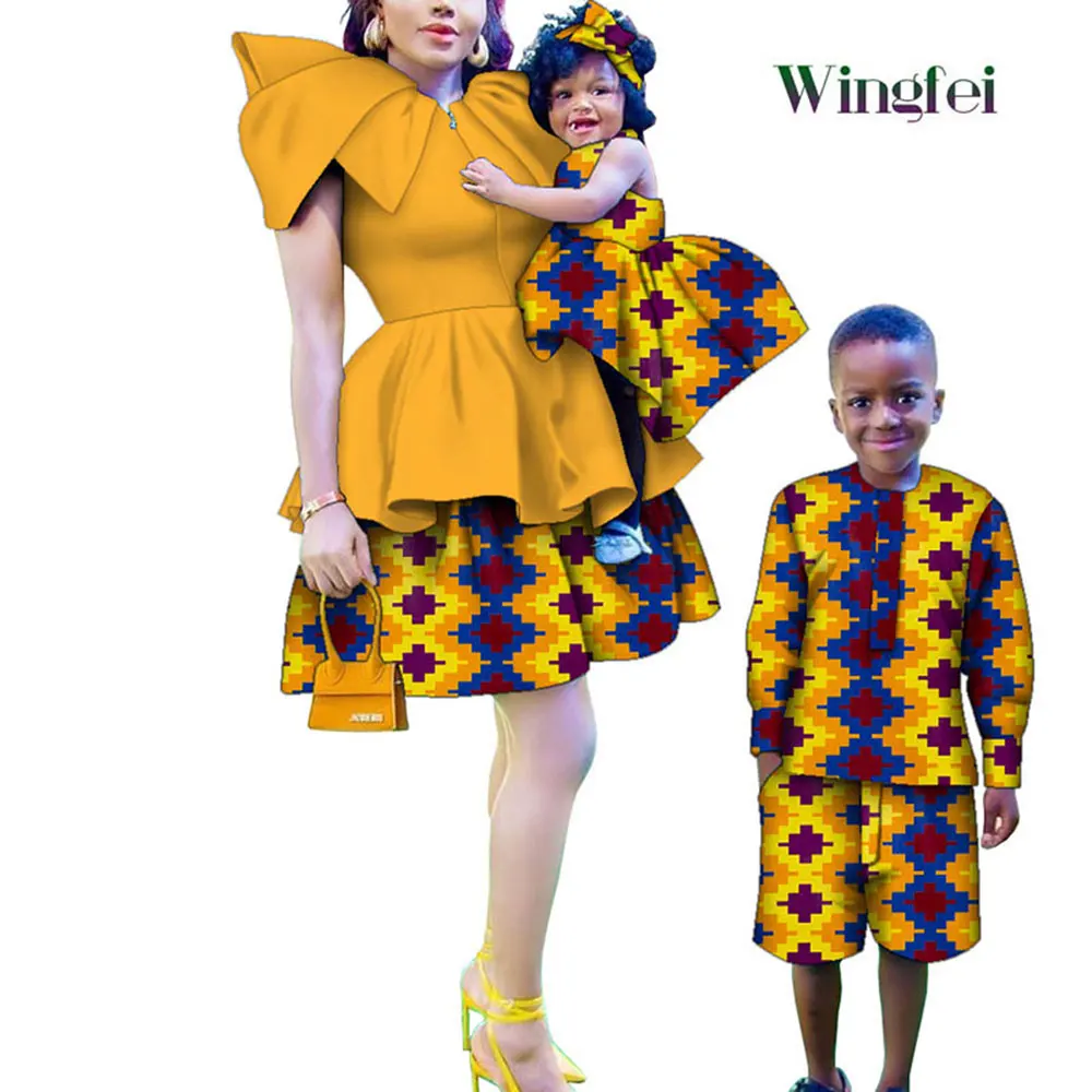 Комплект от 3 теми, Африкански Рокли за Жени и Момчета, Дрехи за Момичета и Момчета, Африканска дреха в стил дашики, Дрехи за родители и деца, Индивидуални Wyq943 Изображение 0 