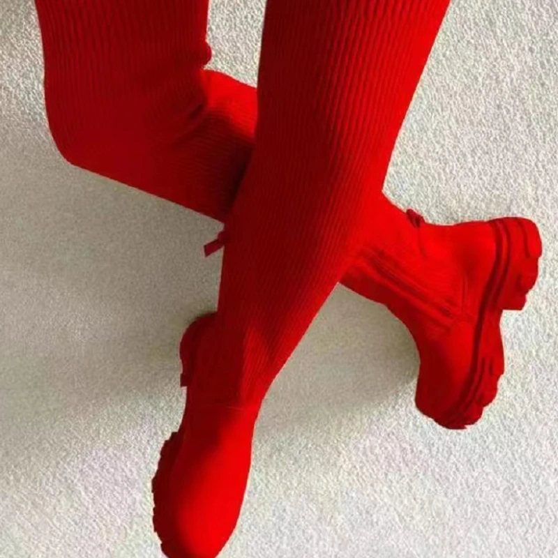 Нова Мода Голям Размер Дебела Подметка Над Коляното Кръгла Глава Летящ Тъкач Чорапи, Ботуши