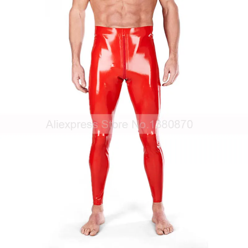 Червени Латексови Гумени Панталони с Висока Талия, Мъжки Панталони с цип на Чатала, Големи Размери, Индивидуални, Ръчно изработени, S-LTM043