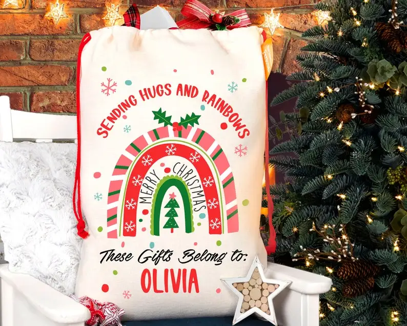 Персонализирани Коледен чанта на Дядо Коледа, Коледна торбичка с обнимашками и радугами, Подарък пакет Scandi, Персонални Семеен Коледен чанта