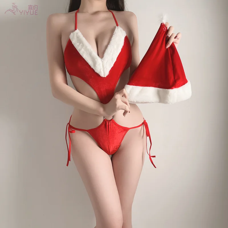 Секси Коледно Червено Бархатное Рокля Мис Santa едно Парче рокля С Отворен Гръб Жена Сладък Костюм на Камериерка В стил Лолита