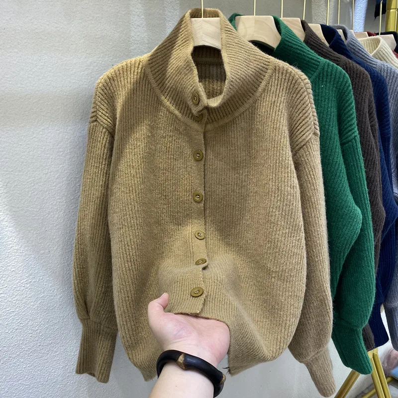 Вязаный жилетка с полувысоким яка и ръкав-фенерче, женски есенно-зимния нов жилетка 2022 г., връхни дрехи с ревери, обикновен пуловер, яке