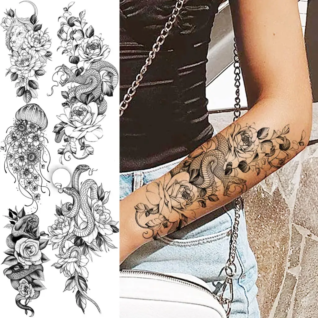 Реалистични Божур Цвете Змията Временни Татуировки За Жени На Възрастен Момиче Лъв Луната Октопод Фалшива Татуировка На Предмишницата На Боди Арт Пере Татуировки