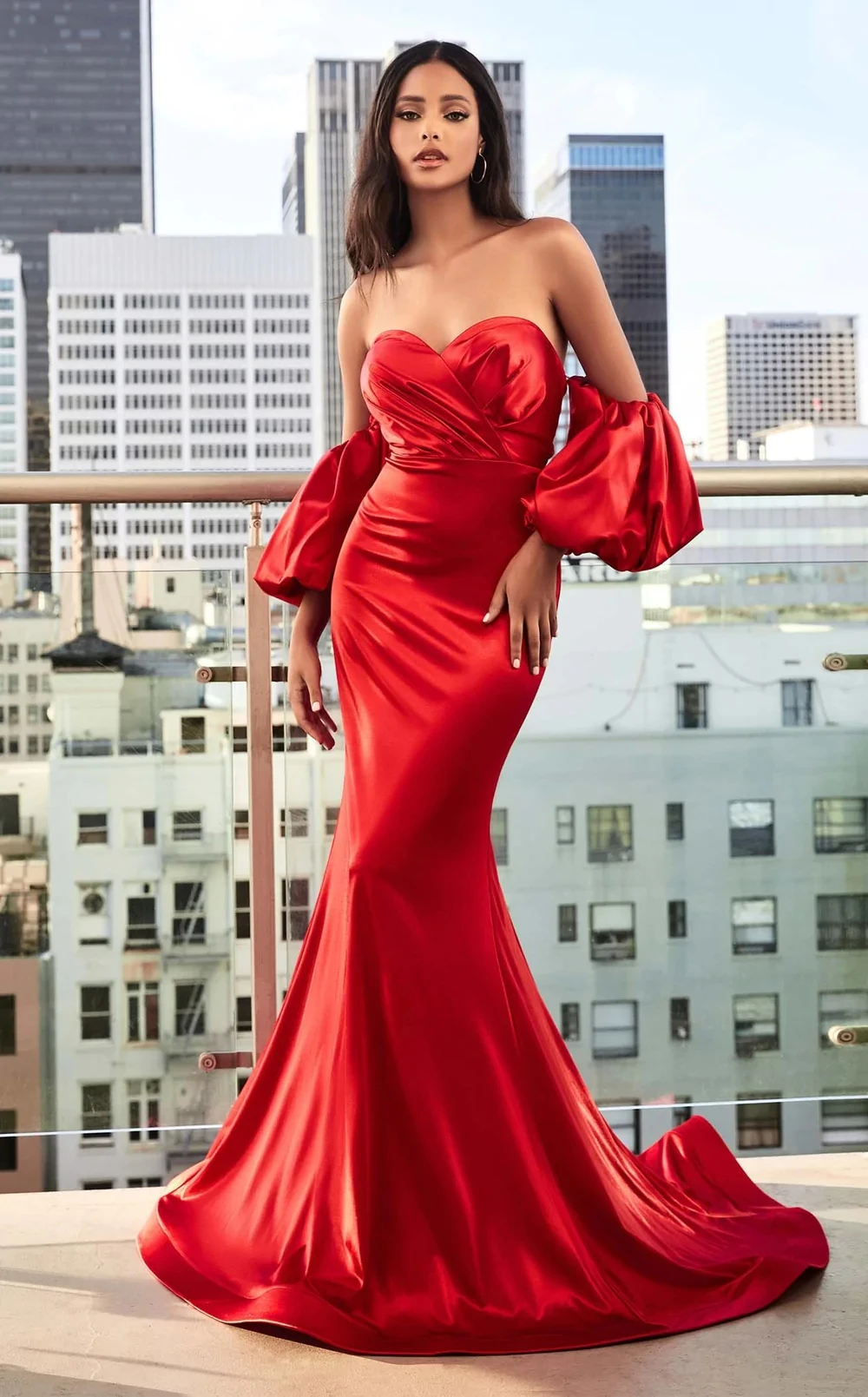 2023 Червени Вечерни рокли с отворени рамене, Необичаен деколте във формата на сърце, Однотонное рокля-бюстие в стил Русалка с рюшами