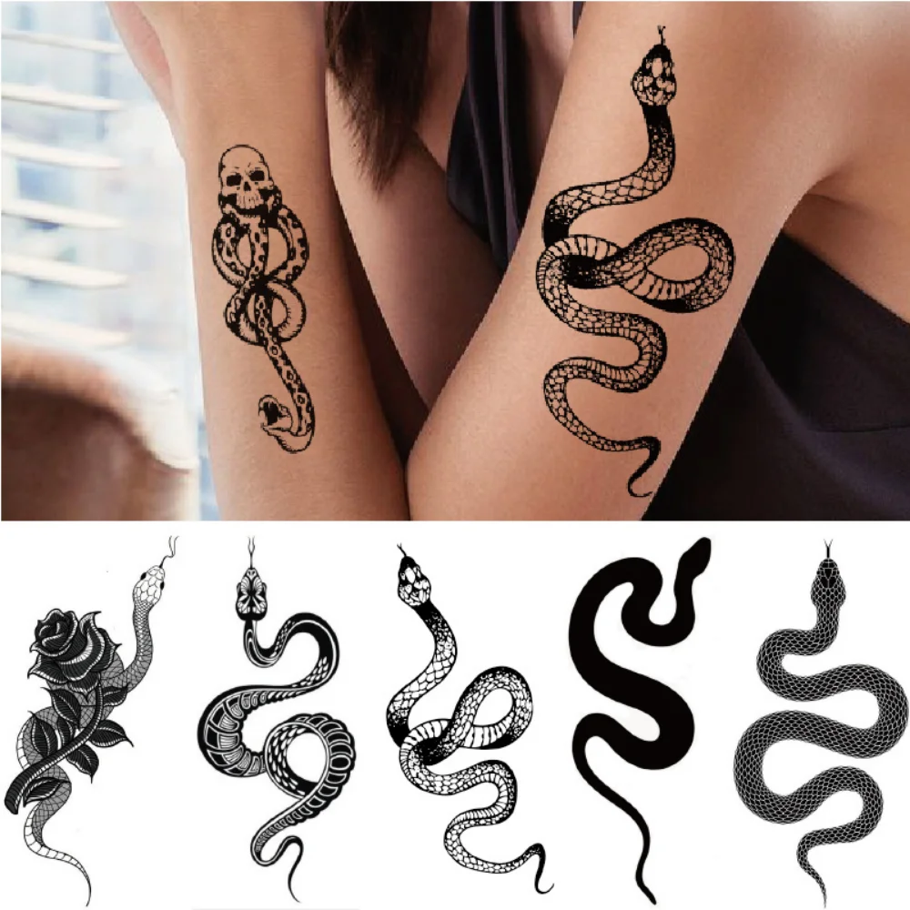 Водоустойчив Временни Татуировки Етикети Змия Татуировка с Тъмен Блясък Готино Цвете Ръка Черна Мамба Мъртъв Змия Череп Фалшива Татуировка Изображение 0 
