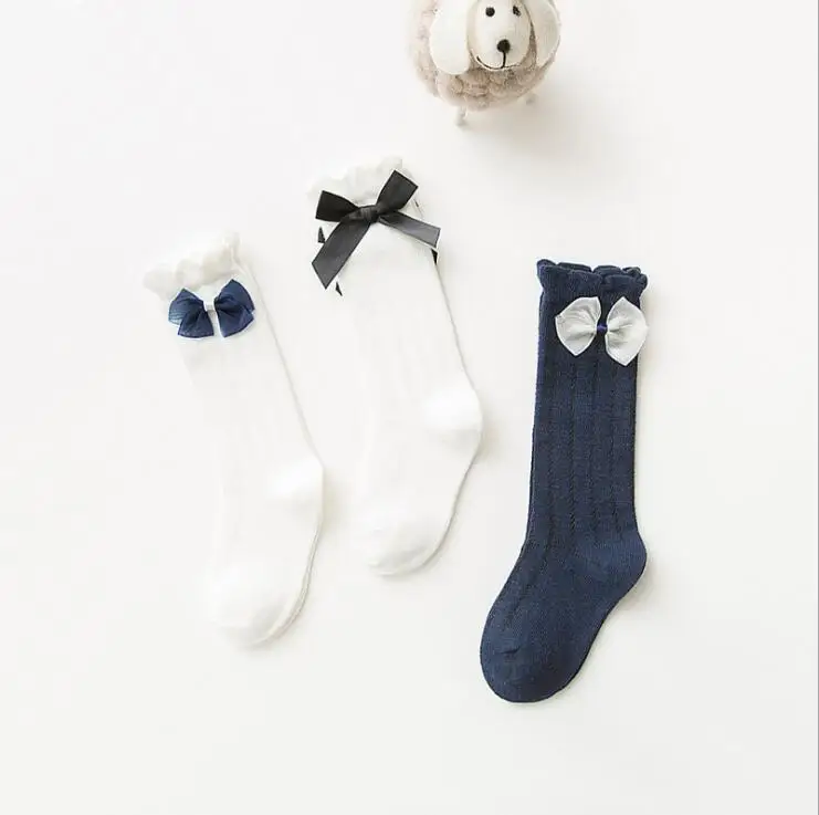 Нови детски чорапи с лък, дълги памучни детски чорапи с тънки тръби от комари, 3 чифта в опаковка, 1-11 години Изображение 3 