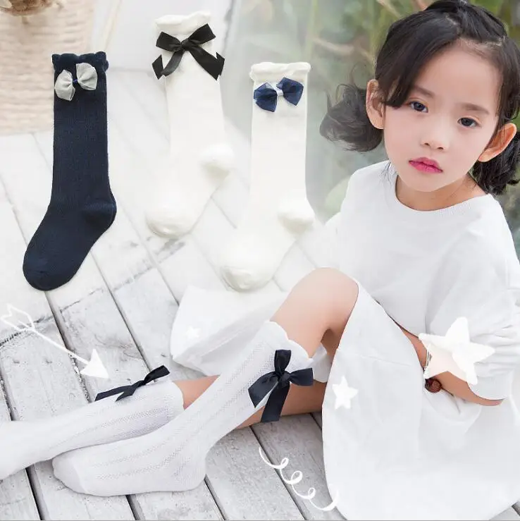 Нови детски чорапи с лък, дълги памучни детски чорапи с тънки тръби от комари, 3 чифта в опаковка, 1-11 години Изображение 4 