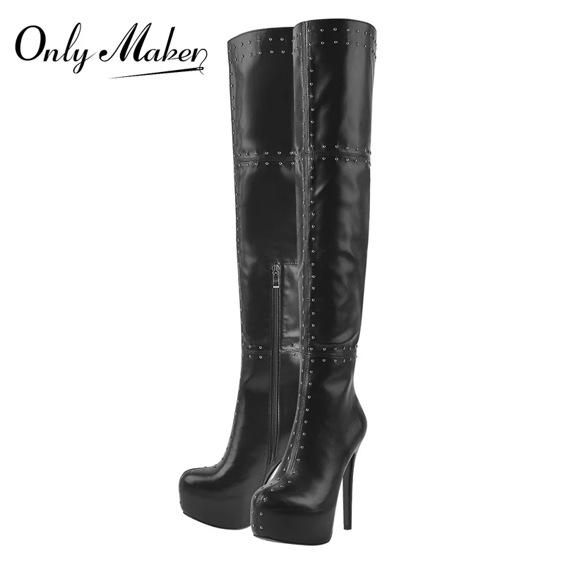 Onlymaker/ пролетни дамски ботфорты над коляното на платформата с кръгло бомбе, матово черни модерни обувки на тънък Висок ток с нитове и страничен цип