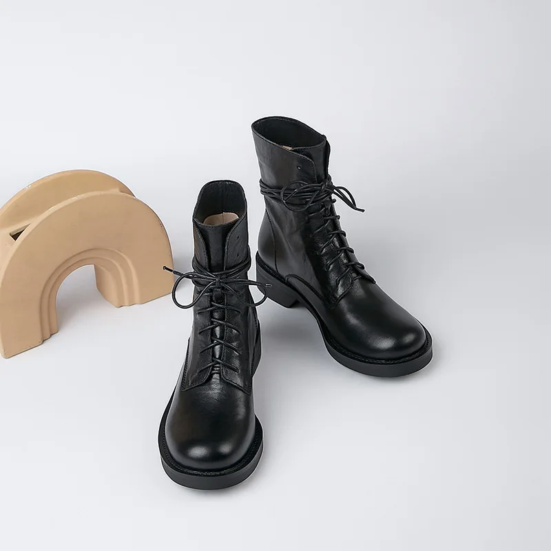 Mordoan/обувки Martin от естествена телешка кожа; дамски къси ботуши от дантела с кръгла пръсти; женски ботильоны на равна подметка в британския стил на дебелите ток Изображение 2 