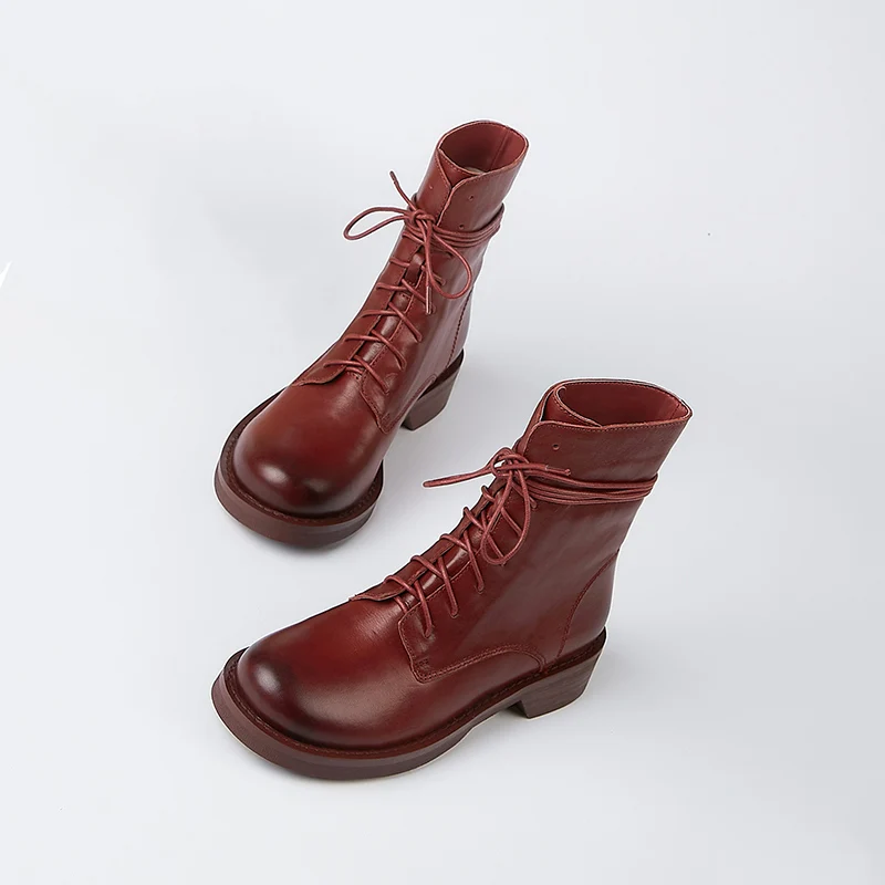 Mordoan/обувки Martin от естествена телешка кожа; дамски къси ботуши от дантела с кръгла пръсти; женски ботильоны на равна подметка в британския стил на дебелите ток Изображение 5 