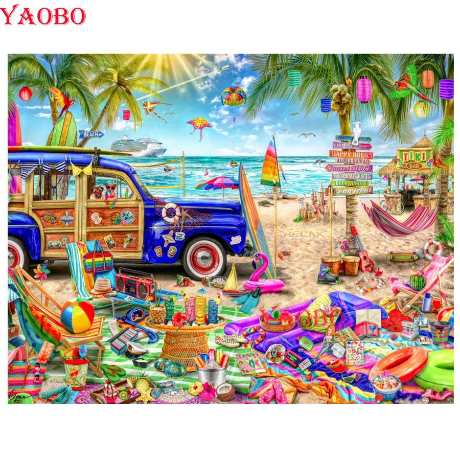 Лятната ваканция на плажа 5D Сам Диамантена Живопис Приморски камион играчка пейзаж Мозайка диамантена Бродерия на кръстат бод Пълен Квадрат