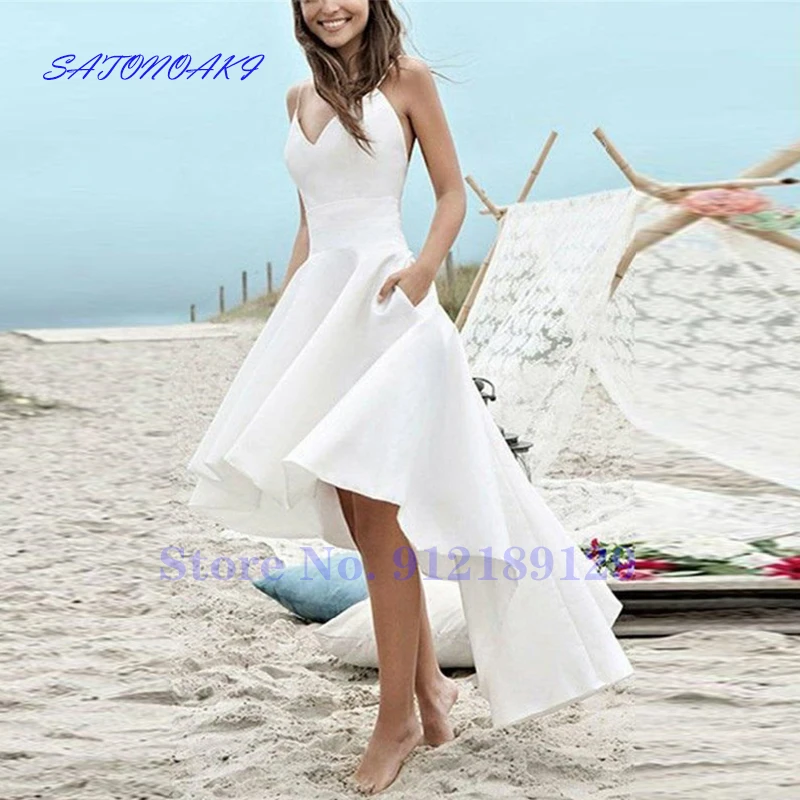 Vestidos De Новия Плажни Бели Къси Булчински Рокли с Тънки спагети презрамки С Висока и Ниска отворен гръб Сватбена рокля Robe De Mariee Франция