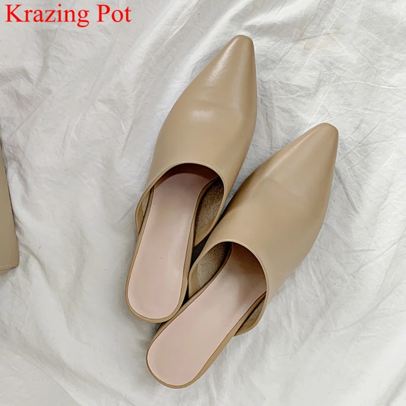 Krazing Pot/дамски обувки-лодка без обков от естествена кожа с остри пръсти, сладки джапанки на високо средно ток, удобни летни обувки L79