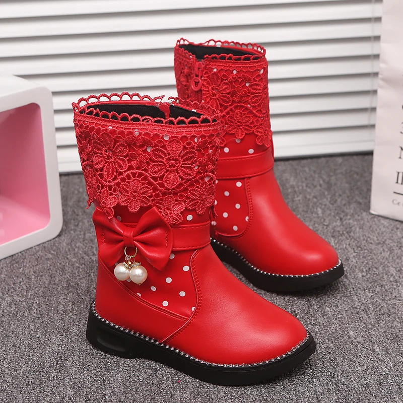 Детски зимни обувки мода, дантелени ботуши до средата на прасците за момичета, зимни модела обувки на принцесата на равна подметка, черни, червени, розови зимни обувки Изображение 2 