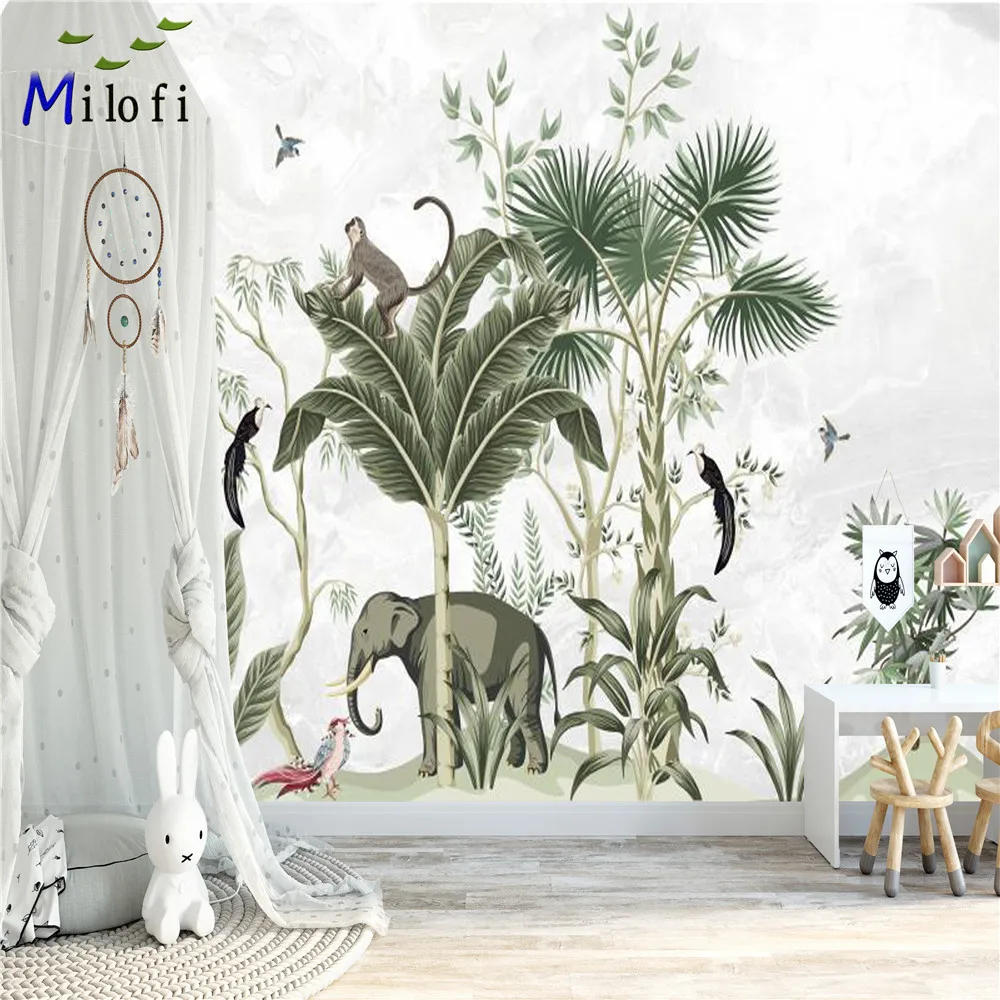 Milofi потребителски 3D тапети стенопис тапети средновековна ръчно рисувани тропически листа слон птица телевизор, разтегателен фон на стената Изображение 0 