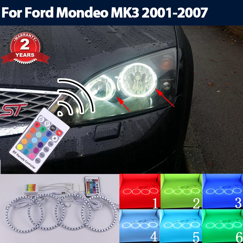 Ярък САМ LED Ангелски Очи Halo Пръстен RGB многоцветен Дистанционно Управление Лампа DRL за FORD Mondeo MK3 2001-2007 Аксесоари