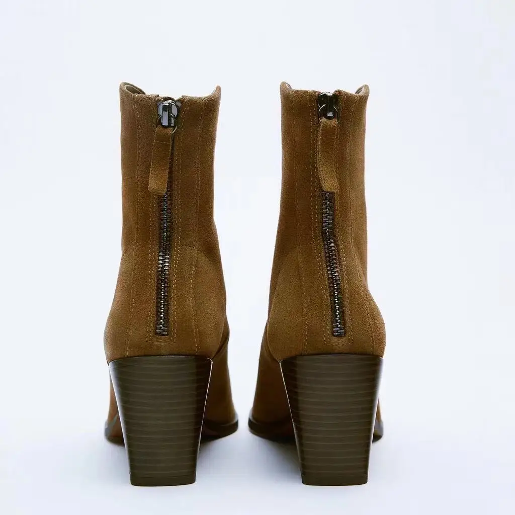 2021 г., женски каубойски ботильоны от спилка на висок ток, есенни Модни обувки на ток с остър пръсти, дамски елегантен офис дамски обувки Изображение 1 