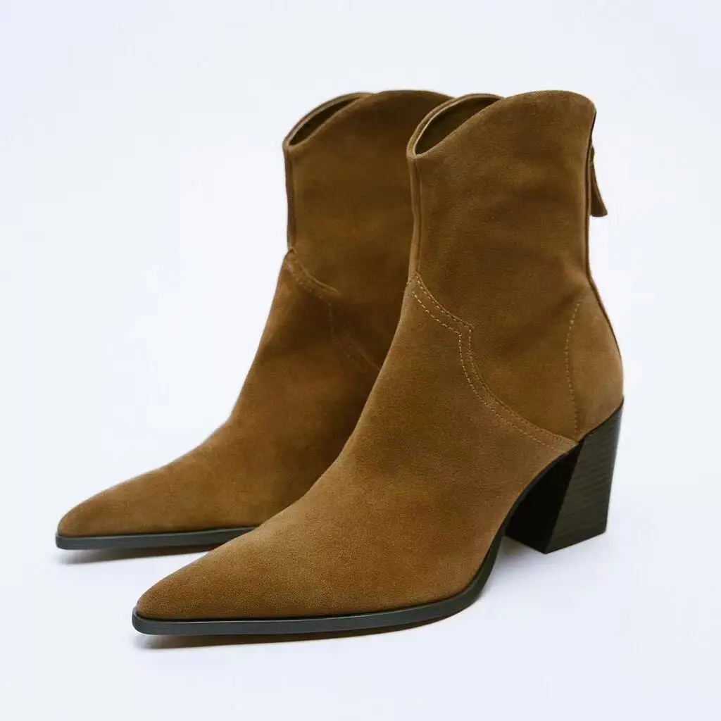 2021 г., женски каубойски ботильоны от спилка на висок ток, есенни Модни обувки на ток с остър пръсти, дамски елегантен офис дамски обувки Изображение 2 
