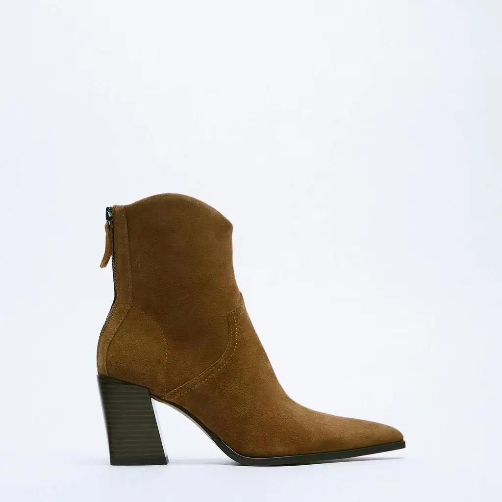 2021 г., женски каубойски ботильоны от спилка на висок ток, есенни Модни обувки на ток с остър пръсти, дамски елегантен офис дамски обувки Изображение 4 