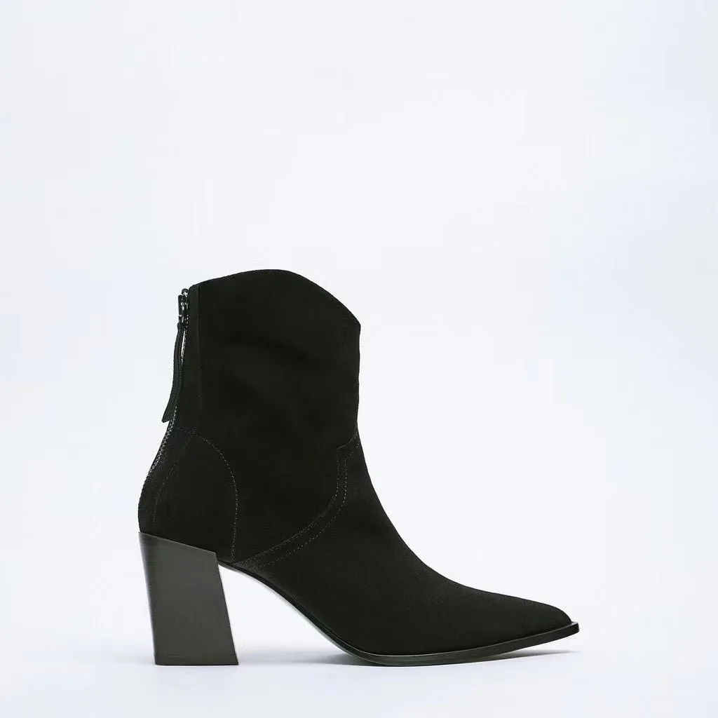 2021 г., женски каубойски ботильоны от спилка на висок ток, есенни Модни обувки на ток с остър пръсти, дамски елегантен офис дамски обувки Изображение 5 