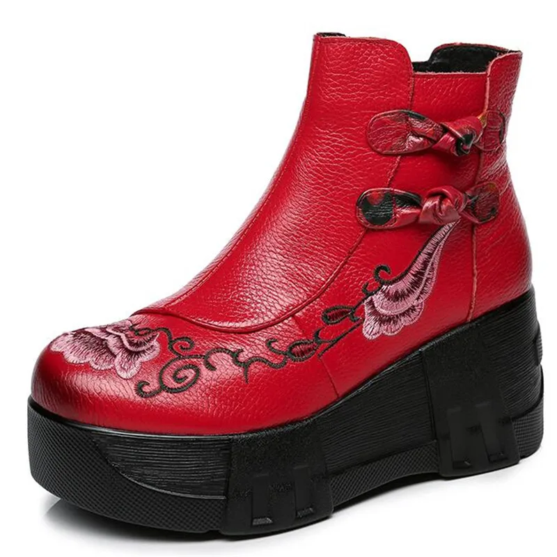 ZXRYXGS/ класически модни обувки с бродерия; ботуши от телешка кожа, с горна част; обувки на платформа и висок ток на танкетке; дамски обувки