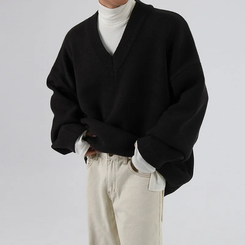 HOUZHOU Корейски Стил, Мъжки Вязаный Пуловер с V-образно деколте, Черни Пуловери, Пуловер, Мъжки Блузи, Свободна Реколта Градинска Мъжки Дрехи Изображение 0 
