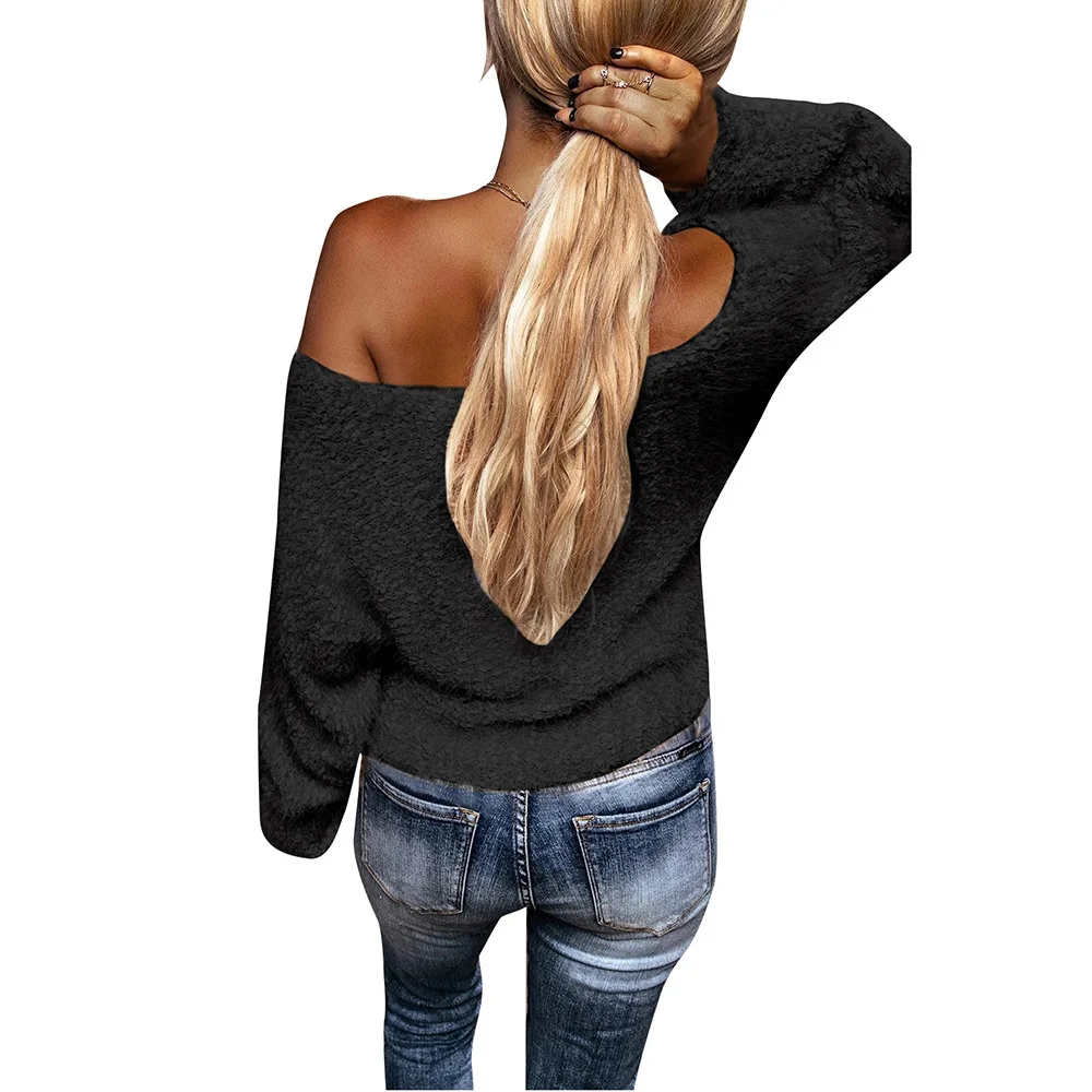 Дамски блузи с открити рамене, пролетта и есента плюшено пуловер с дълги ръкави, нов съкратен жилетка 2021 г. Изображение 4 