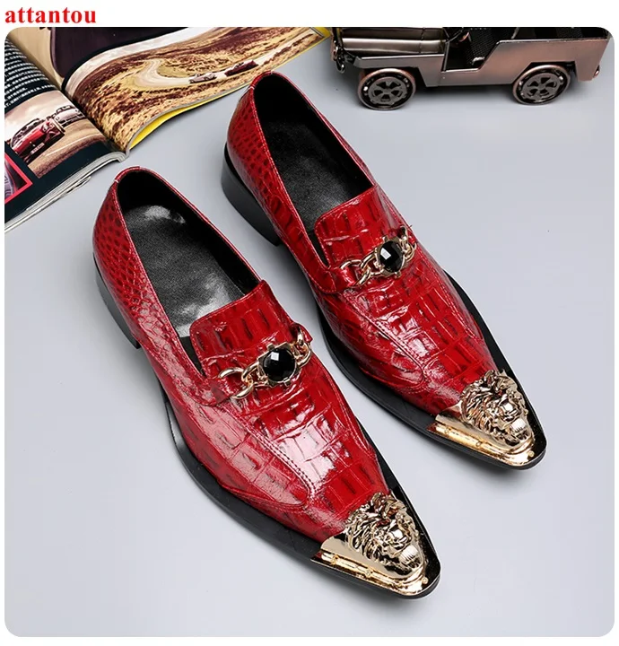 Мъжки кожени модела обувки в Червен Цвят, мъжки ежедневни обувки с остри пръсти, Без Шнур, с Украса във вид на кристали, Висококачествени офис празнични вечерни тънки обувки