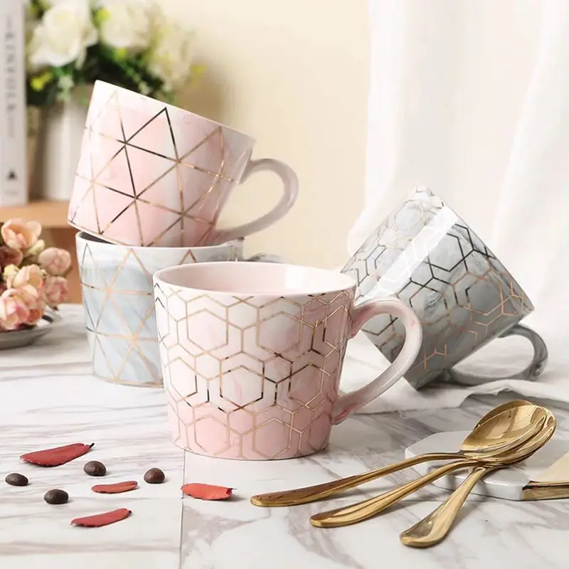 360 мл мраморни чаши за кафе с геометричен златен дизайн, керамични и мраморни офис чаши за пиене, чаши за офис, така и за подарък